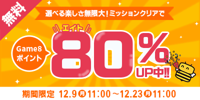 Game8ポイントは当社が運営するゲーム攻略サイト「ゲームエイト（game8.jp）」内の完全無料のポイントサービスです。多様な難易度のゲームやミッションを楽しみながら沢山ポイントを獲得できるのが特徴です。貯めたポイントは、1pt=1円として、様々なギフトに交換できます。